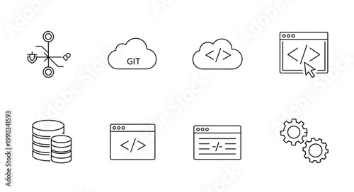 Collection of technology icons representing coding and data.