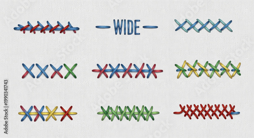 Various Embroidery Stitches on Fabric.