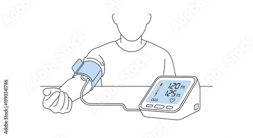Line drawing of a person wearing a blood pressure cuff on their arm with a digital monitor on a table.