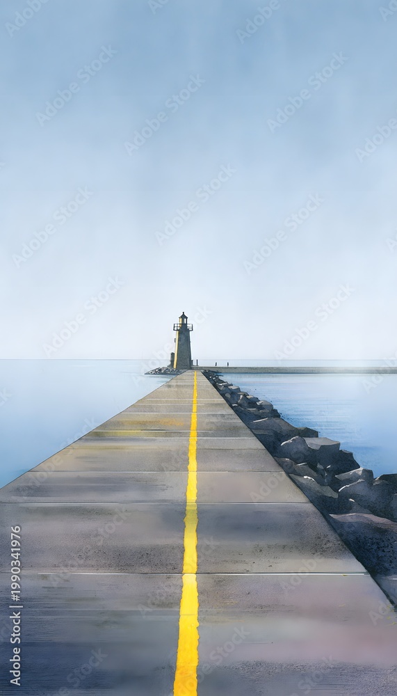 Fototapeta premium Tranquil lighthouse pier watercolor illustration guides towards a peaceful serene destination vista