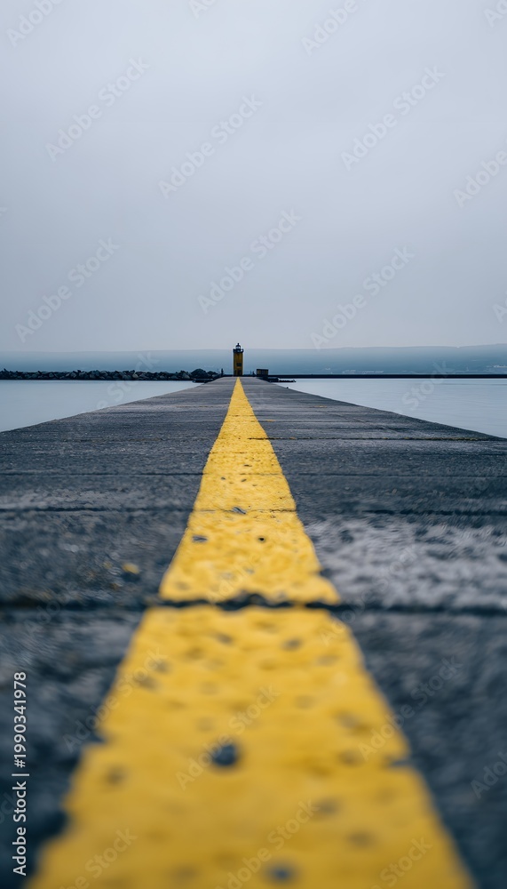Fototapeta premium Lighthouse journey along a weathered pier evokes serene travel under soft coastal light