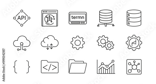 Collection of technology and programming icons for digital concepts.