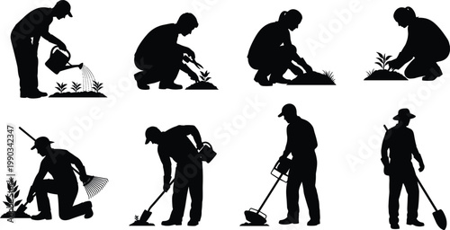 Set of silhouette icons representing agricultural workers and farmers gardening, planting seeds, watering plants, raking soil, and using various farming tools for outdoor gardening activities