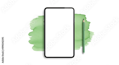 Isolated modern smartphone with blank screen, next to a green pencil on a vibrant green watercolor splash, ideal for app design mockups and digital art concepts