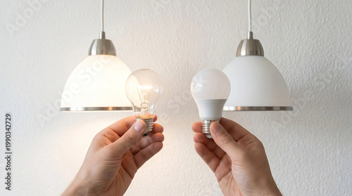 Hands holding a traditional incandescent bulb and a modern led light bulb comparing energy efficiency options