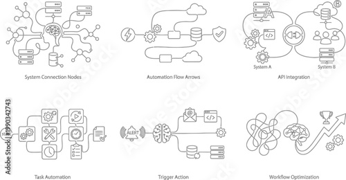 A detailed infographic illustrating various concepts in automation and system integration, including workflow optimization and API connections. AI, eps, png, jpg. transparent background.