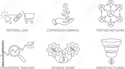 A black and white illustration of various marketing and finance icons on a white background AI, eps, png, jpg. transparent background.