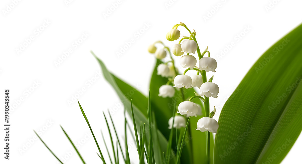 Fototapeta premium Lily of the valley flowers and green leaves with dew drops, delicate white blossoms on white background, spring floral element