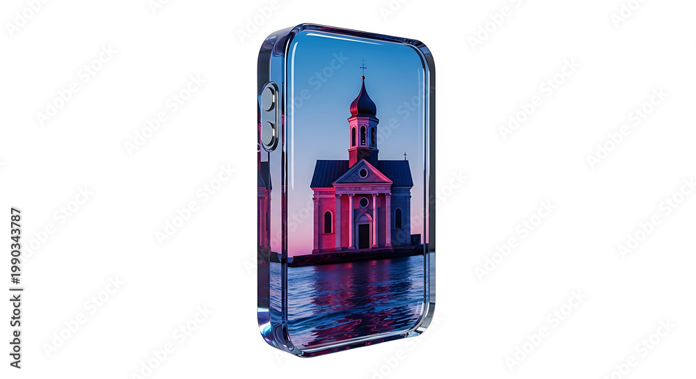 Obraz premium Isolated pixelated smartphone displaying a sunset over a classical building reflected in water, digital art.