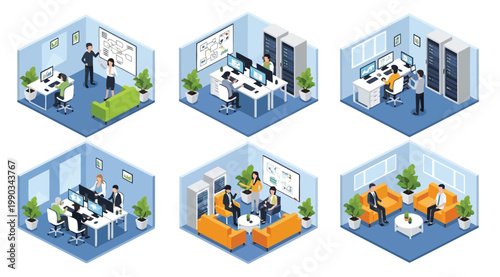 Isometric office interior set with business people working in meeting rooms and server rooms