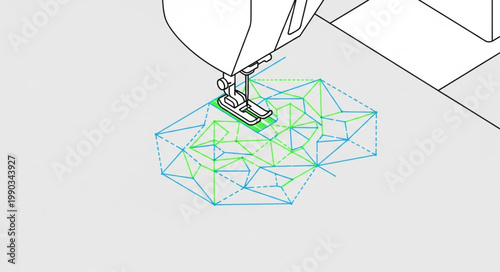 Sewing Machine Needle Stitching Geometric Pattern on Fabric.