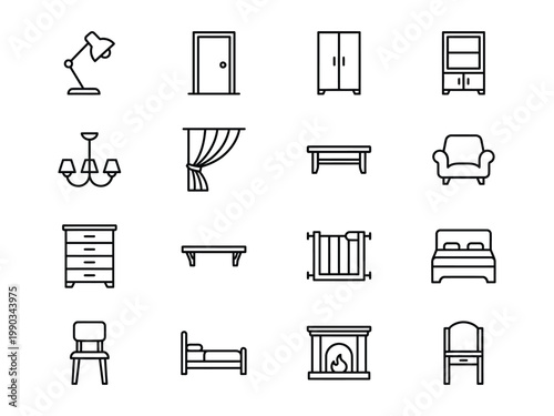Home interior and furniture outline vector icons set: beds chairs tables wardrobe fireplace decor elements with desk lamp chest of drawers baby gate safety gate double bed single bed living room