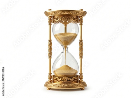 Glass hourglass with golden frame isolated on white background time concept