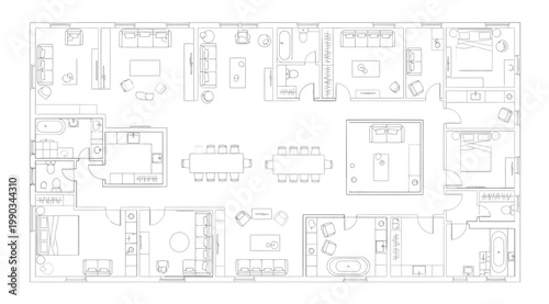 Architectural floor plan of a modern apartment building with multiple rooms