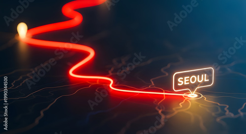 Bright Neon Red Route Illuminates Map Leading To Seoul Pinpoint Location With Soft Bokeh Lights