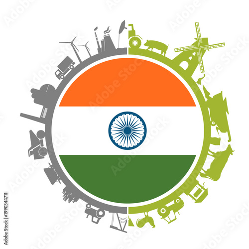 Circle with agricultural and heavy industry icons. Objects located around the circle. Flag of India in the center. Background for eco products. Business responsibility.
