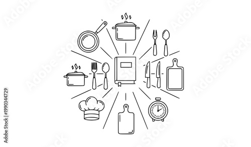 Kitchen Cooking Outline Icons Set Frying Pan Recipe Chef Vector Collection