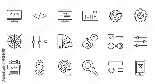 Collection of Technology and Coding Icons for Web Development.