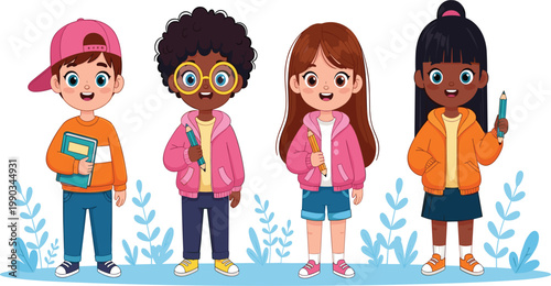 Cute School Kids Cartoon Illustration Set with Diverse Children Holding Books and Pencils in Colorful Style for Education Design, Learning Materials, and Creative Projects.