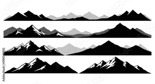 Foto Collection of Mountain Range Silhouettes in Black and White.