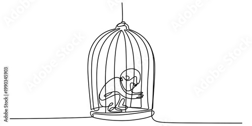 A symbolic line art drawing of a human figure trapped inside a small bird cage hanging in space. Vector, illustration