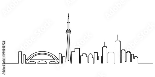 Minimalist continuous line art design representing the iconic toronto skyline and city landscape Vector, illustration