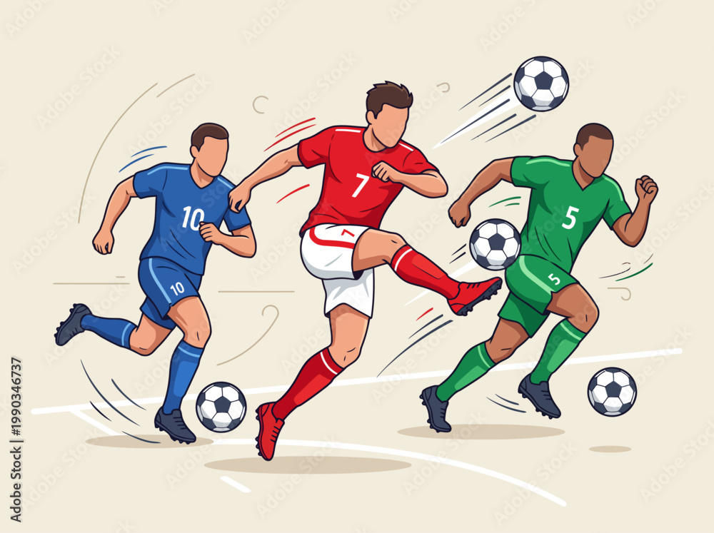 Fototapeta premium Flat vector illustration of soccer players in action on a stadium field