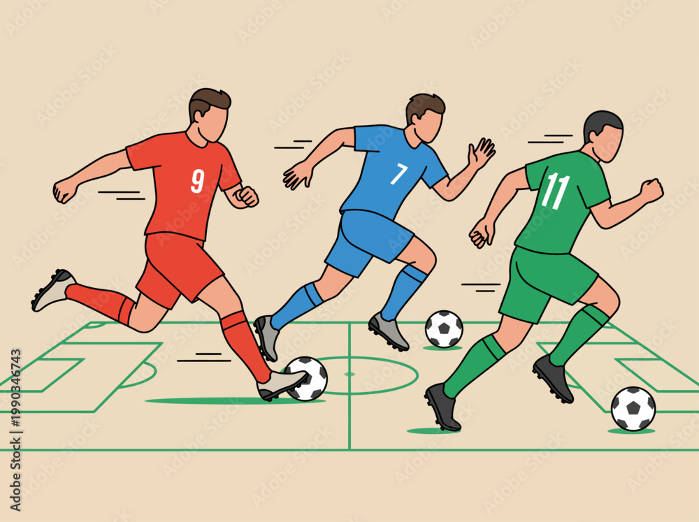 Fototapeta premium Flat vector illustration of soccer players in action on a stadium field