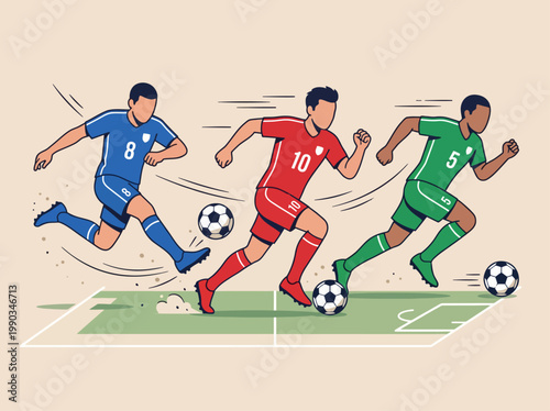 Flat vector illustration of soccer players in action on a stadium field