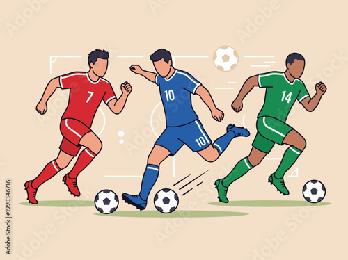 Flat vector illustration of soccer players in action on a stadium field