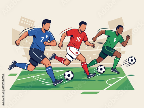 Flat vector illustration of soccer players in action on a stadium field