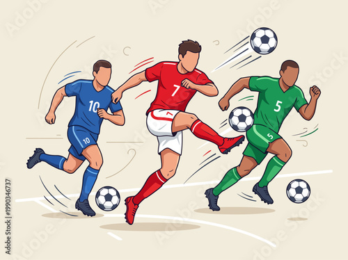 Flat vector illustration of soccer players in action on a stadium field