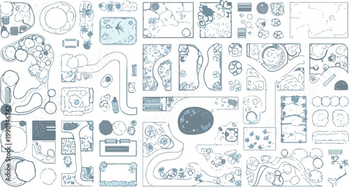 Landscape architecture site plan symbols, garden design master plan vector elements, architectural site mapping icons for urban planning and park layouts