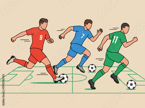 Flat vector illustration of soccer players in action on a stadium field