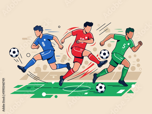 Flat vector illustration of soccer players in action on a stadium field