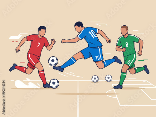 Flat vector illustration of soccer players in action on a stadium field