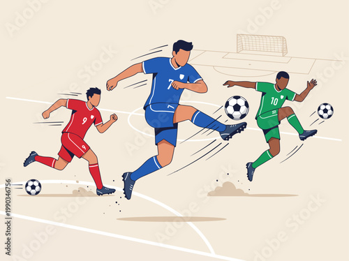 Flat vector illustration of soccer players in action on a stadium field