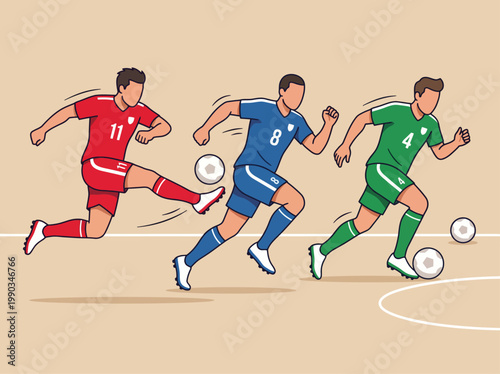 Flat vector illustration of soccer players in action on a stadium field