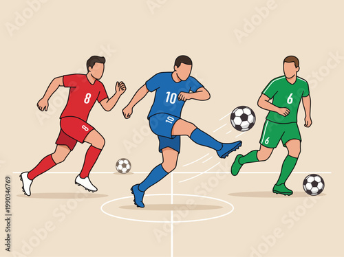 Flat vector illustration of soccer players in action on a stadium field
