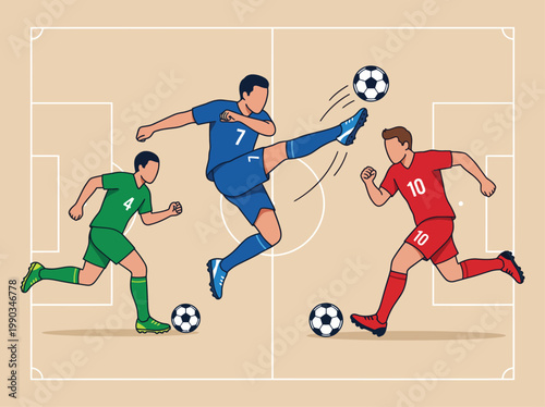 Flat vector illustration of soccer players in action on a stadium field