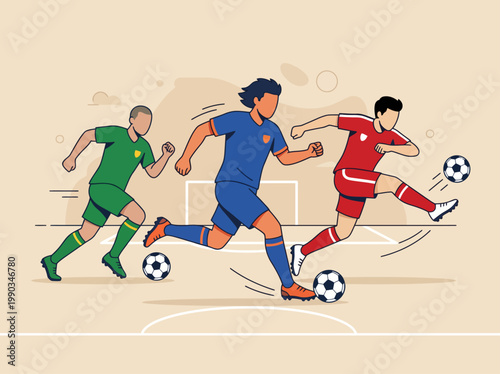 Flat vector illustration of soccer players in action on a stadium field