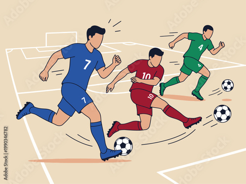 Flat vector illustration of soccer players in action on a stadium field