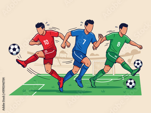 Flat vector illustration of soccer players in action on a stadium field