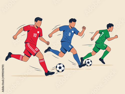 Flat vector illustration of soccer players in action on a stadium field