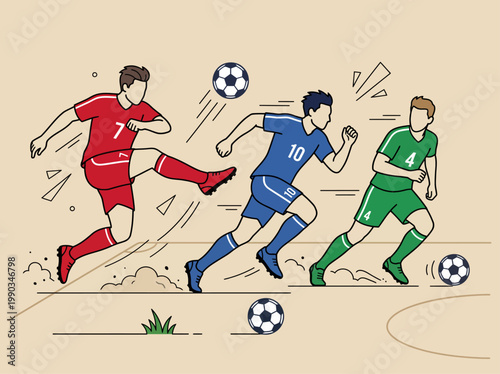 Flat vector illustration of soccer players in action on a stadium field