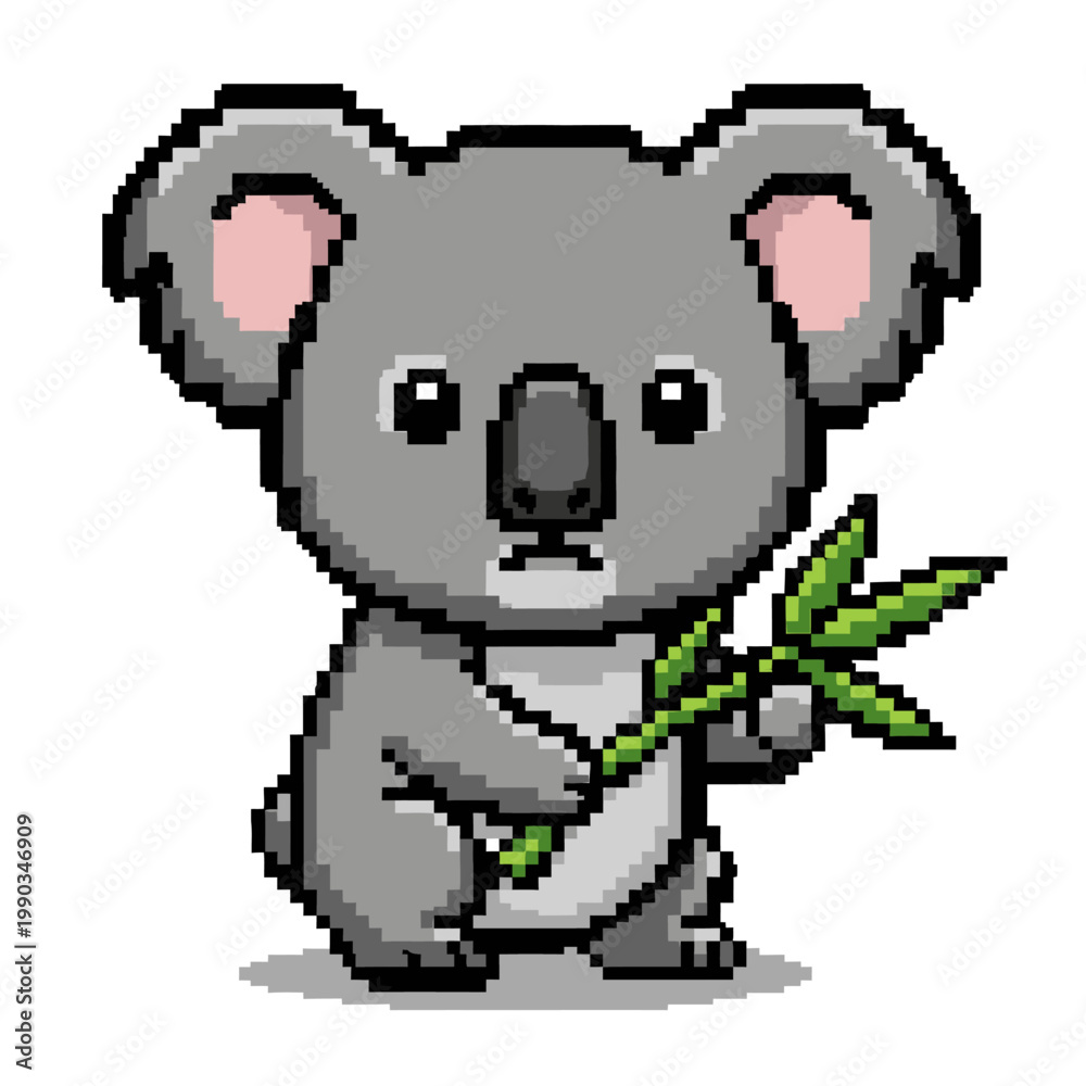 Fototapeta premium Cute pixel art koala holding a eucalyptus branch in its paws, isolated white background