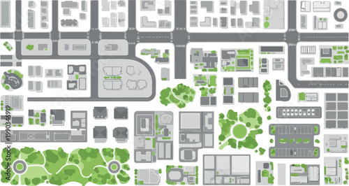Modern city map creator kit, urban landscape elements for architectural planning, flat vector top view of buildings and green parks