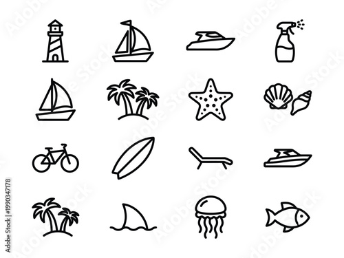 Collection of black line summer vacation and beach travel icons representing marine life water sports coastal activities with line art speed boat palm trees tropical tree shark fin sun lounger