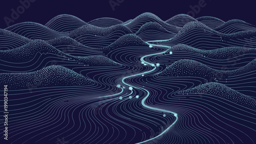 Luminous data flow landscape on dark background – Ideal for intelligent navigation themes, data analysis, or future tech concepts.