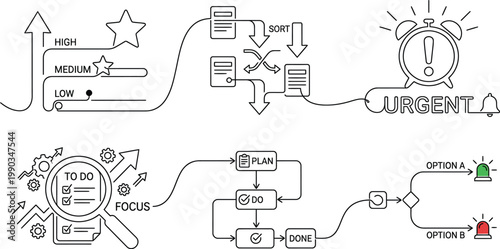 A detailed infographic illustrating various productivity and time management techniques and strategies. AI, eps, png, jpg. transparent background.